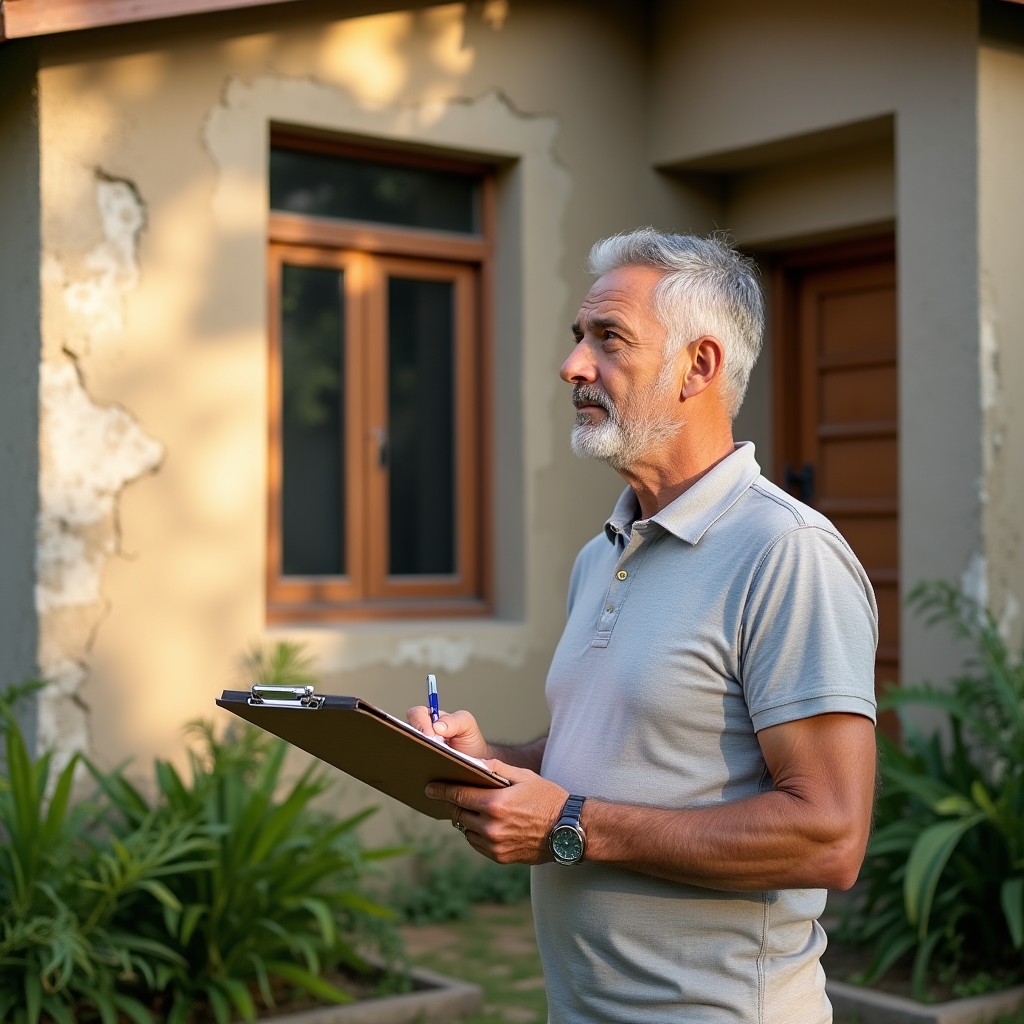 Inspector with clipboard evaluating the exterior facade of a residential property