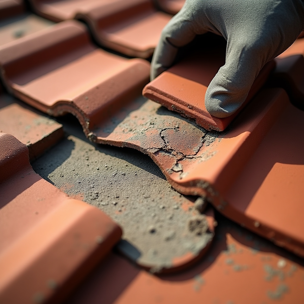 Close-up inspection of roof tiles and waterproofing membrane on a residential property in Paraguay